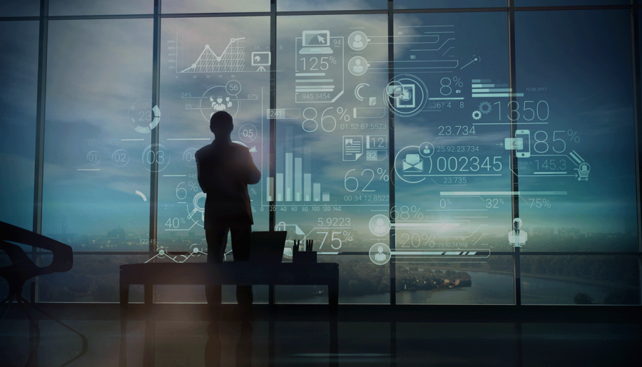 Silhouette of man in the office and corporate infographic